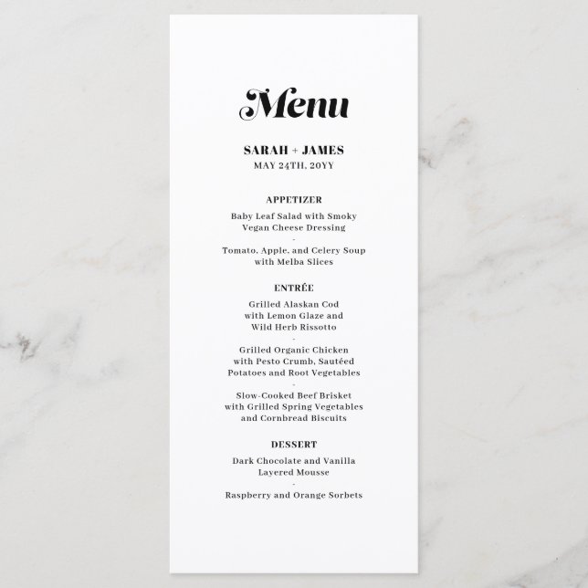 Menu Casamento Branco da Caligrafia Mínima Elegante (Frente)