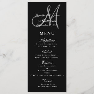 Menu Casamento branco do monograma do roteiro do preto
