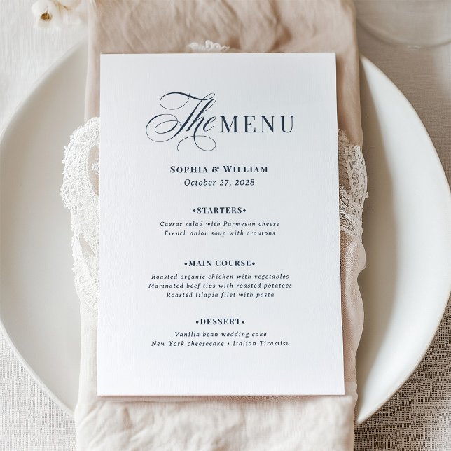 Menu Casamento Branco e Azul Marinho | Luxo Clássico (Criador carregado)