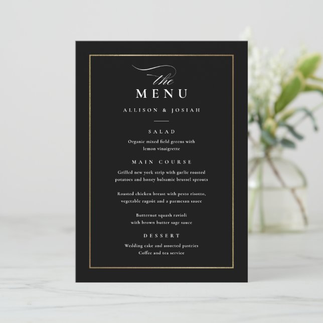 Menu Casamento Branco e Negro Elegante Clássico (Em pé/Frente)