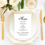 Menu Casamento Branco e Negro Elegante Clássico<br><div class="desc">O design de cardápio de casamento branco e preto apresenta uma bela tipografia que combina um tradicional roteiro de caligrafia florescida com carateres clássicos de bloqueio num fundo branco limpo. Inclui um sotaque de design de rolagem decorativo. O texto personalizado pode ser personalizado com um monograma dos nomes da noiva...</div>