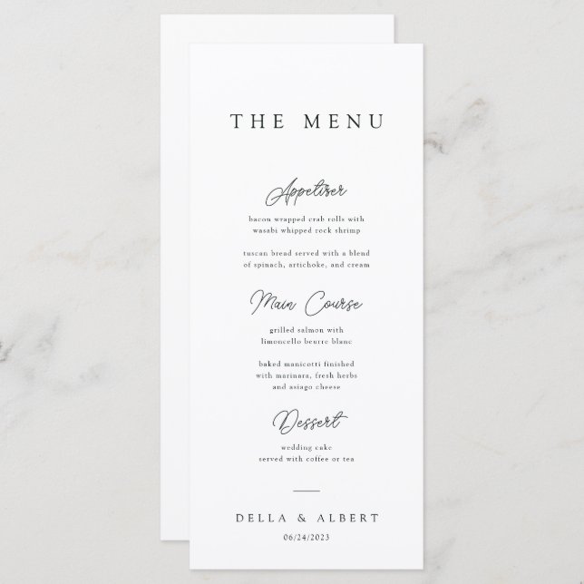Menu Casamento branco e preto caligrâmico minimalista (Frente/Verso)