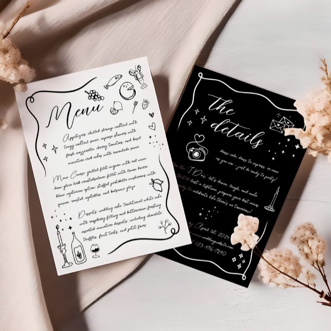 Menu Casamento branco e preto desenhado à mão para o Do (Criador carregado)