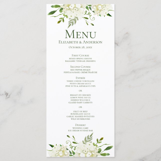 Menu Casamento Branco Hydrangeas Floral Watercolor (Frente)