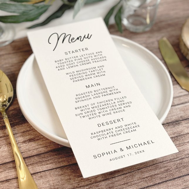Menu Casamento Branco Negro com Caligrafia Moderna (Criador carregado)