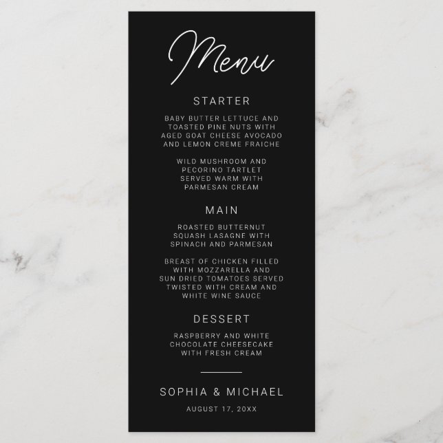 Menu Casamento Branco Negro com Caligrafia Moderna (Frente)