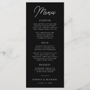 Menu Casamento Branco Negro com Caligrafia Moderna