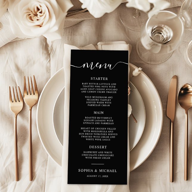 Menu Casamento Branco Negro da Caligrafia Moderna Elega (Criador carregado)