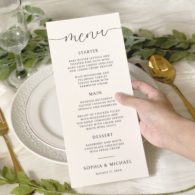 Menu Casamento Branco Negro de Caligrafia Minimalista M (Criador carregado)