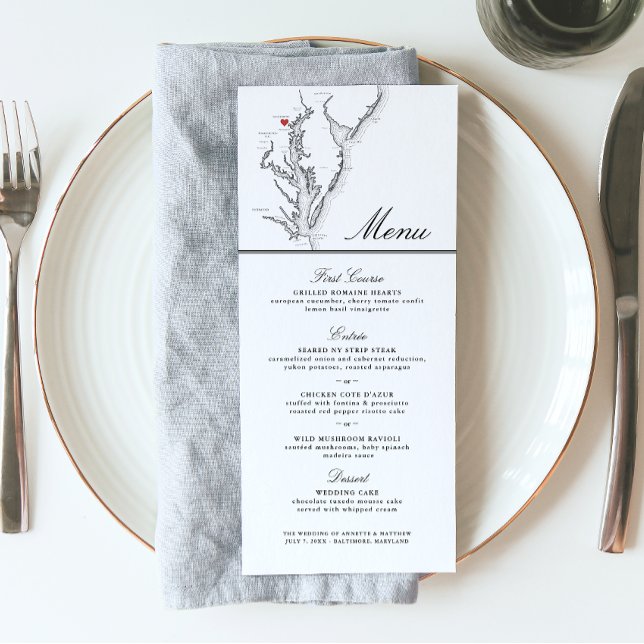 Menu Casamento Branco Negro Elegante do Mapa de Baltimo (Baltimore MD Wedding Menu with Elegant black and white Chesapeake Bay map from Coastal Map Designs)