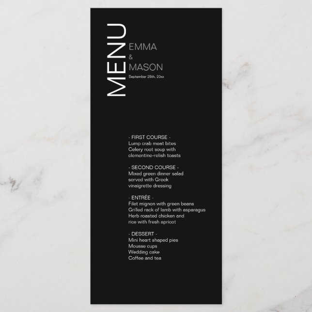 Menu Casamento Branco Negro Minimalista Moderno (Frente)