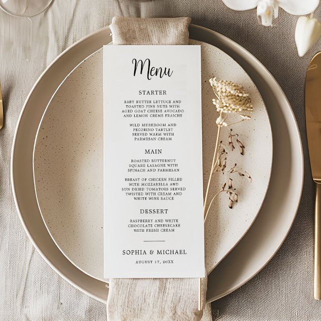 Menu Casamento Branco Preto com Letra Mão Elegante (Criador carregado)