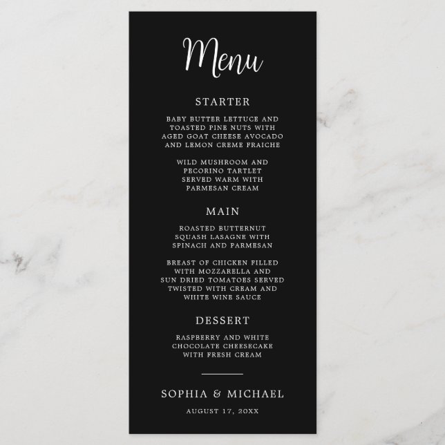 Menu Casamento Branco Preto com Letra Mão Elegante (Frente)