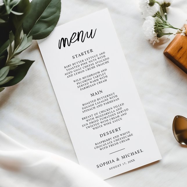 Menu Casamento Branco Preto de Script Contemporâneo na  (Criador carregado)