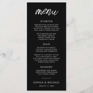 Menu Casamento Branco Preto de Script Contemporâneo na