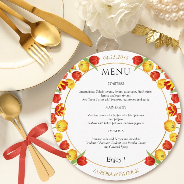 Menu Casamento branco redondo com Primavera Floral Colo (Colorful Floral Spring Tulip White Round Wedding Menu)