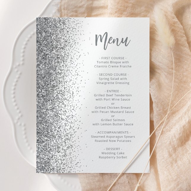 Menu Casamento Branco Script Brilho Prata (Criador carregado)
