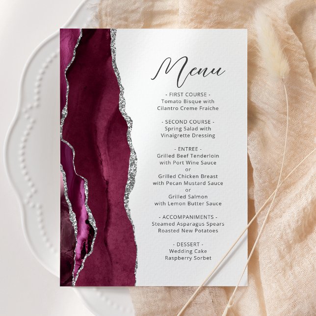 Menu Casamento Burgundy Ágata Roteiro Prata (Criador carregado)