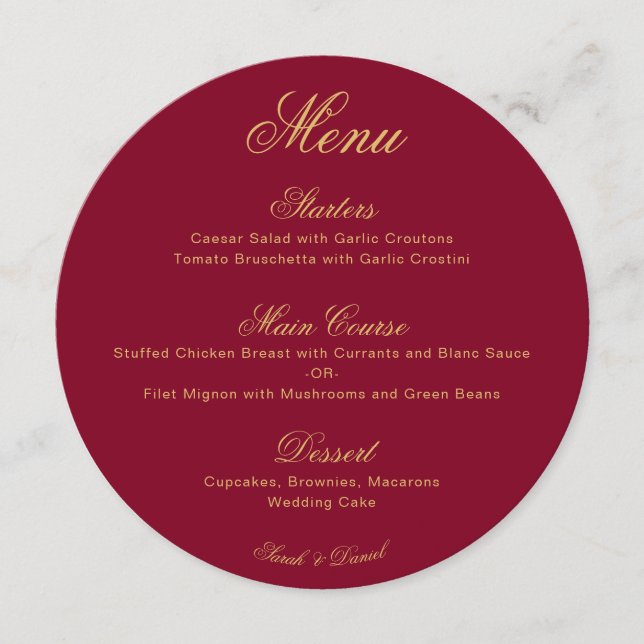 Menu Casamento Burgundy Dourado Caligrafia Simples Verm (Frente)