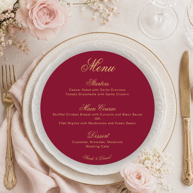 Menu Casamento Burgundy Dourado Caligrafia Simples Verm (Criador carregado)