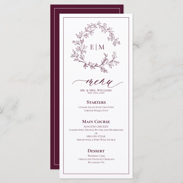 Menu Casamento Burgundy Leafy Crest Monograma (Frente/Verso)