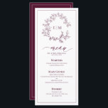 Menu Casamento Burgundy Leafy Crest Monograma<br><div class="desc">A elegância subestimada encontra o design eterno com este Menu Casamento Monograma Burgundy, projetado para casais que apreciam uma simplicidade refinada. Apresentando uma delicada crista desenhada à mão e um roteiro fluente, este menu complementa perfeitamente uma sofisticada capa de mesa de casamento - ideal para as recepções de vinhedos, assuntos...</div>