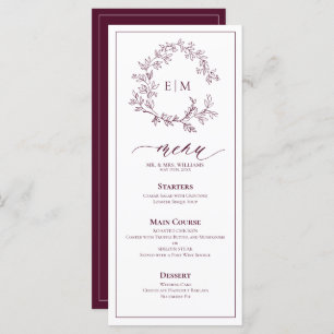 Menu Casamento Burgundy Leafy Crest Monograma