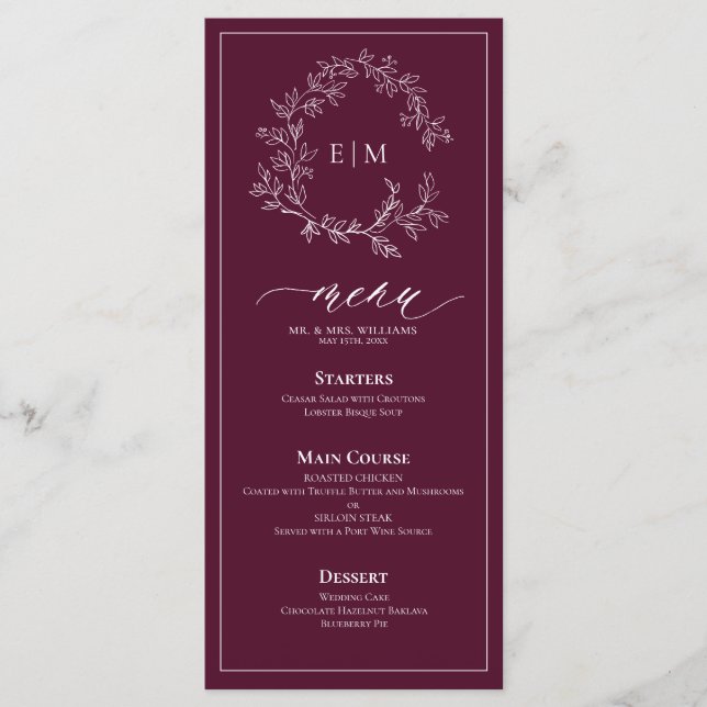Menu Casamento Burgundy Leafy Crest Monograma (Frente)
