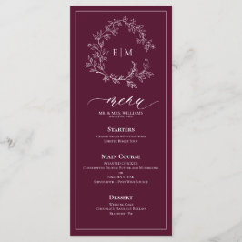 Menu Casamento Burgundy Leafy Crest Monograma
