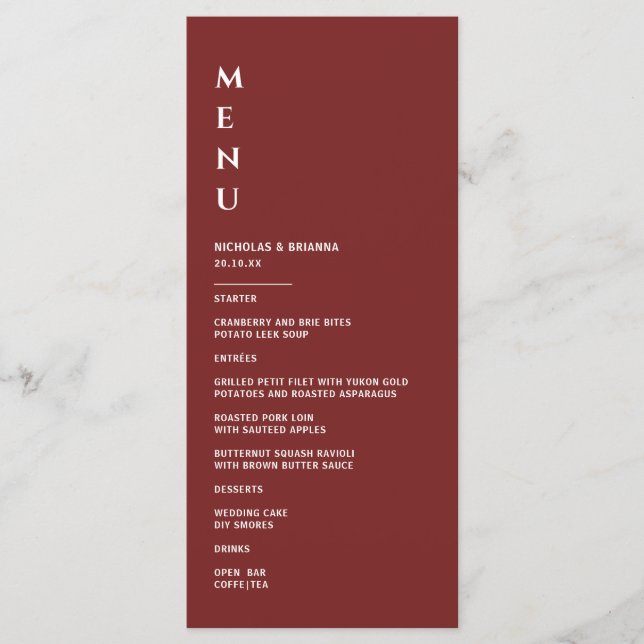 Menu Casamento Burgundy Minimalista (Frente)