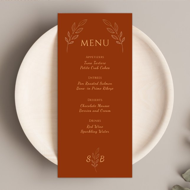Menu Casamento Burnt Orange Terracotta Monograma Boho (Criador carregado)