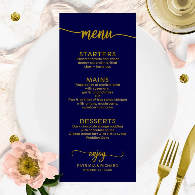 Menu Casamento Caligrafia Elegante Marinho Dourado (Criador carregado)