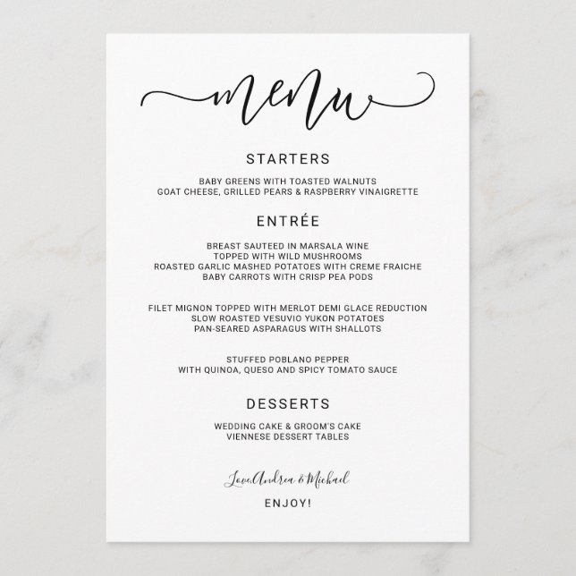 Menu Casamento Caligrafia Moderna Saltitante e Giratóri (Frente)