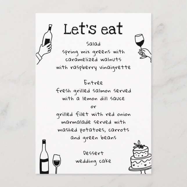 Menu Casamento Caprichoso Desenhado à Mão | Vinho Moder (Frente)