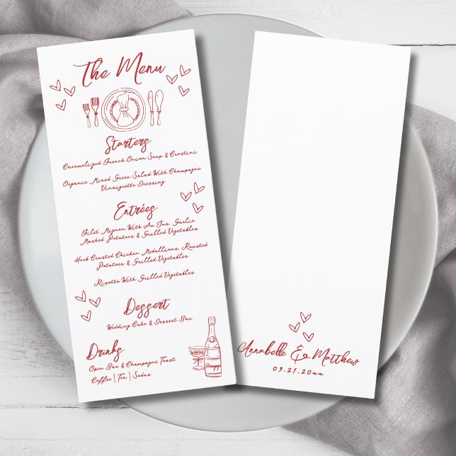 Menu Casamento Caprichoso Vermelho Francês Desenhado à  (Hand Draw French Red Whimsical Wedding Menu)