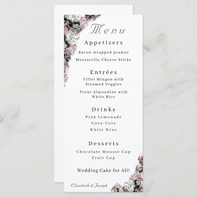 Menu Casamento Católico Floral Rosa e Branco (Frente/Verso)