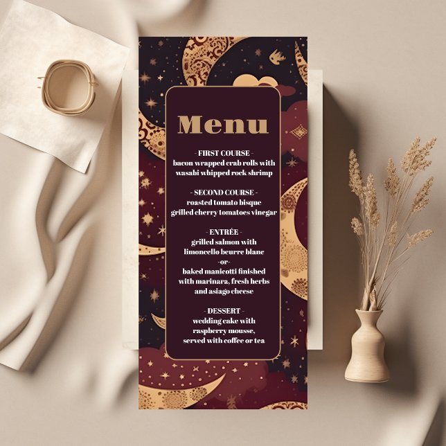 Menu Casamento Celestial Dourado Elegante Burgundy (Criador carregado)