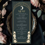 Menu Casamento Celestial Elegante Arch Art Nouveau<br><div class="desc">Elevem seu evento com nosso menu inspirado em Art Nouveau! Apresentando um arco radiante de ouro, estrelas cintilantes, e delicadas flores brancas colocadas sobre um fundo azul profundo, este design adiciona elegância ao eterno. É perfeito para casamentos, galas, e encontros em escala alta! Note que o ouro neste produto NÃO...</div>