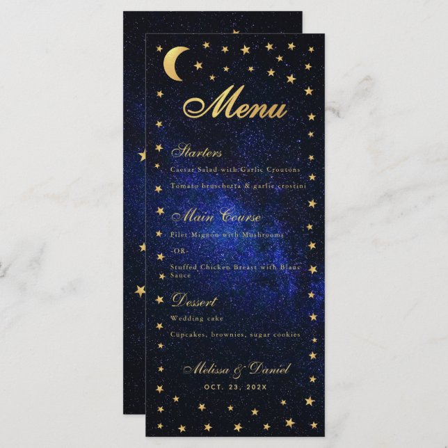 Menu Casamento Celestial - Estrelas Douradas Azuis (Frente/Verso)