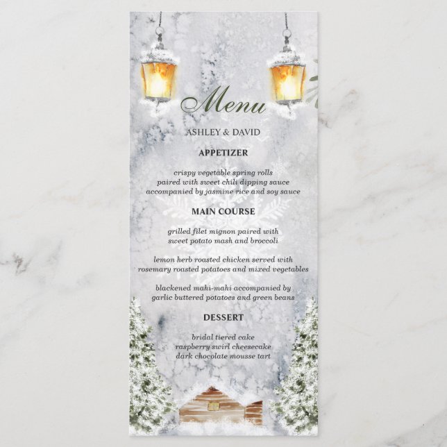 Menu Casamento Cena de Neve Rústica Cabana de Inverno (Frente)