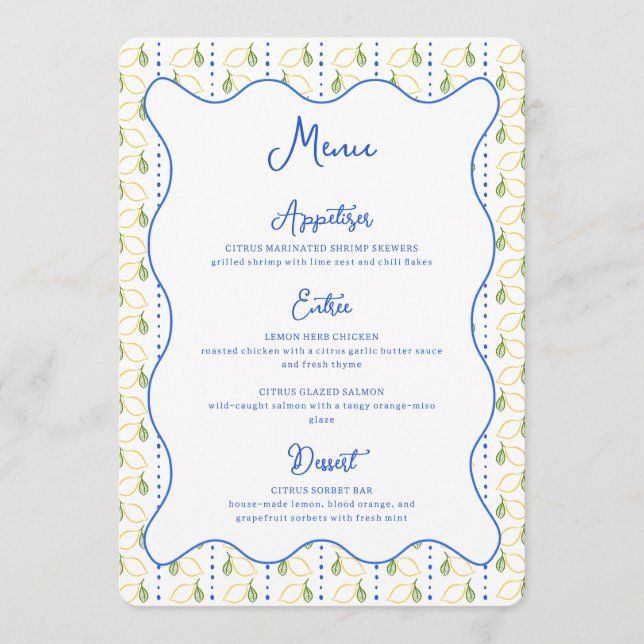 Menu Casamento Chic Azul e Amarelo com Citros Botânicos (Frente)