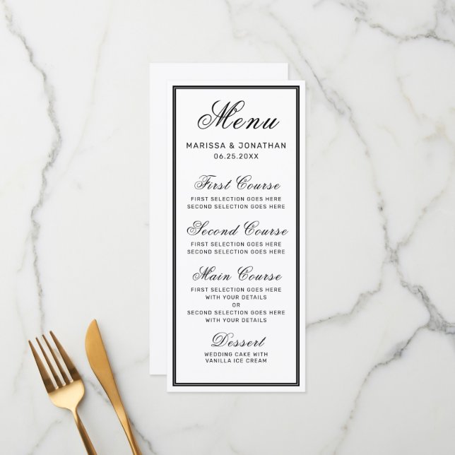 Menu Casamento Chic com Script Preto Branco Elegante (Frente/Verso In Situ)