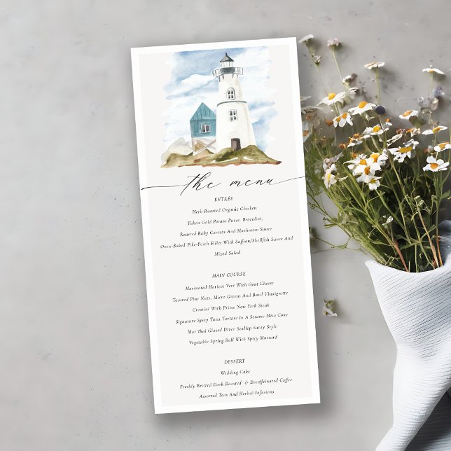 Menu Casamento Chic Dusky Aqua Blue Lighthouse Mountain (Criador carregado)