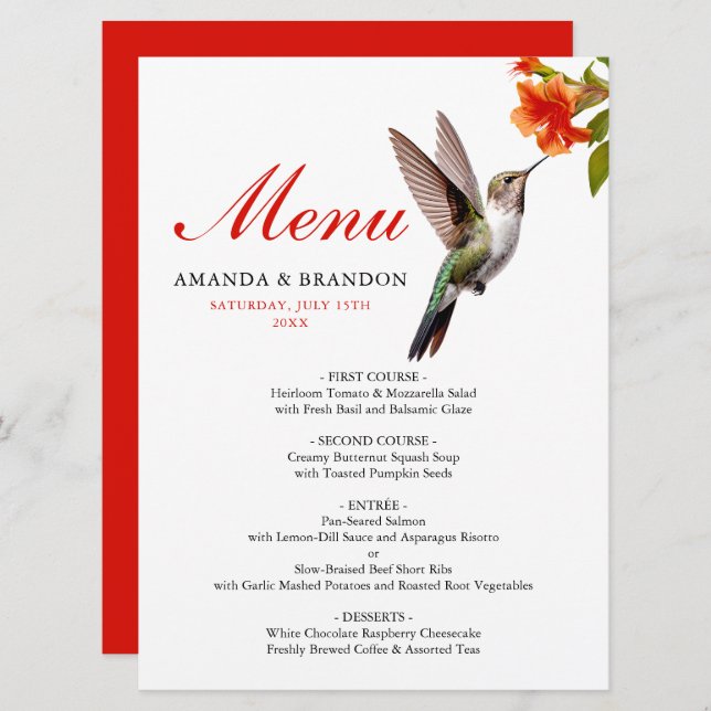 Menu Casamento Chic Hummingbird e Orange Flower (Frente/Verso)