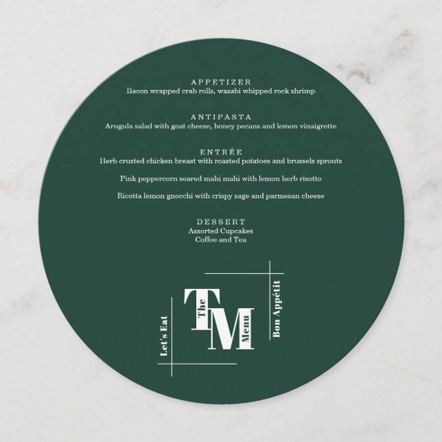 Menu Casamento Chic Simples Emerald Green Modern Obriga (Frente)