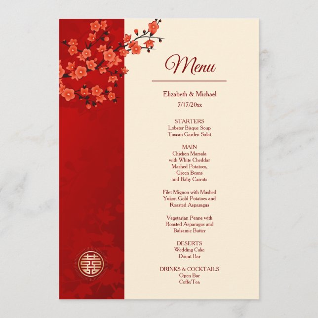 Menu Casamento chinês BILINGUAL Red Cherry Blossom (Frente)