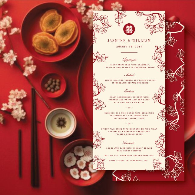 Menu Casamento Chinês de Dupla Felicidade (Red Plum/Peach Blossoms & Double Happiness Floral Chinese Wedding Menu Card @ fatfatin_red_knot)