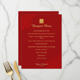 Menu Casamento chinês floral dupla felicidade vermelha 