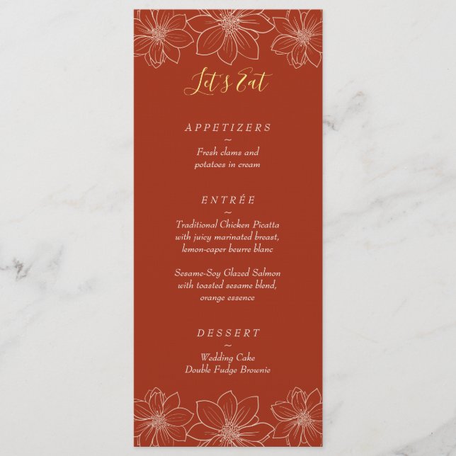 Menu Casamento chinês floral moderno vermelho Boho (Frente)