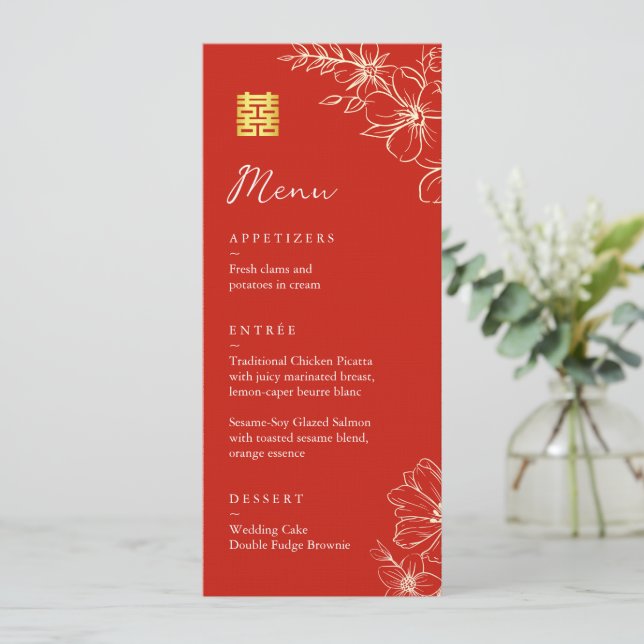 Menu Casamento chinês moderno e elegante com flores em  (Em pé/Frente)